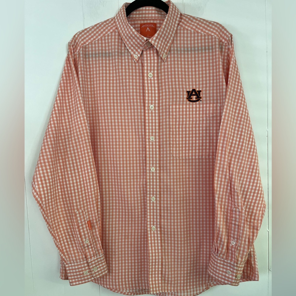 Antigua Auburn Tigers Mens Orange White Ginggam Long Sleeve Dress Shirt LARGE